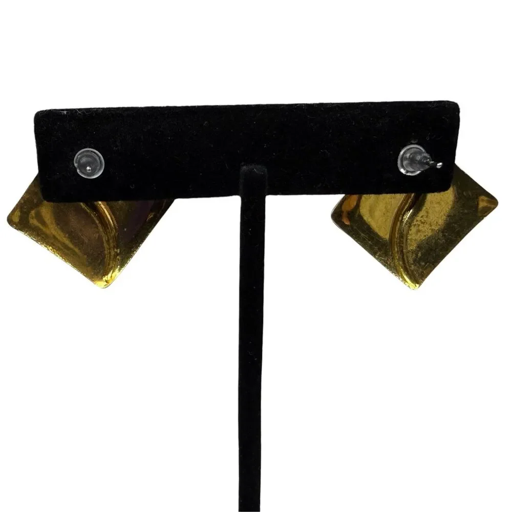 Vintage 80s 90s Black Gray Gold Tone Enamel Square Post Statement Earrings 1